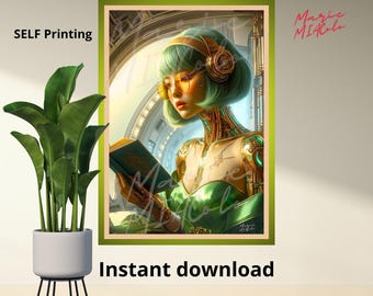 Printable wall poster, Stylish Cyborg Woman, digital art. High-resolution PDF | European & American formats | Built-in frame effect