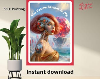 Stylish futuristic cyborg woman poster to print, printable wall art, instant download, high-resolution PDF, multiple sizes