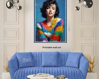 Vintage Woman Portrait Print, Colorful Rainbow Sweater, Wall Art, Oil Style Painting, Marylin Monroe, PDF for printing, instant download
