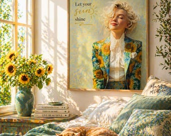 Sunshine Inspired Portrait Print, Elegant Marylin Monroe inspired with Sunflowers, Oil Painting Style, inspirational quote, PDF, 300 DPI