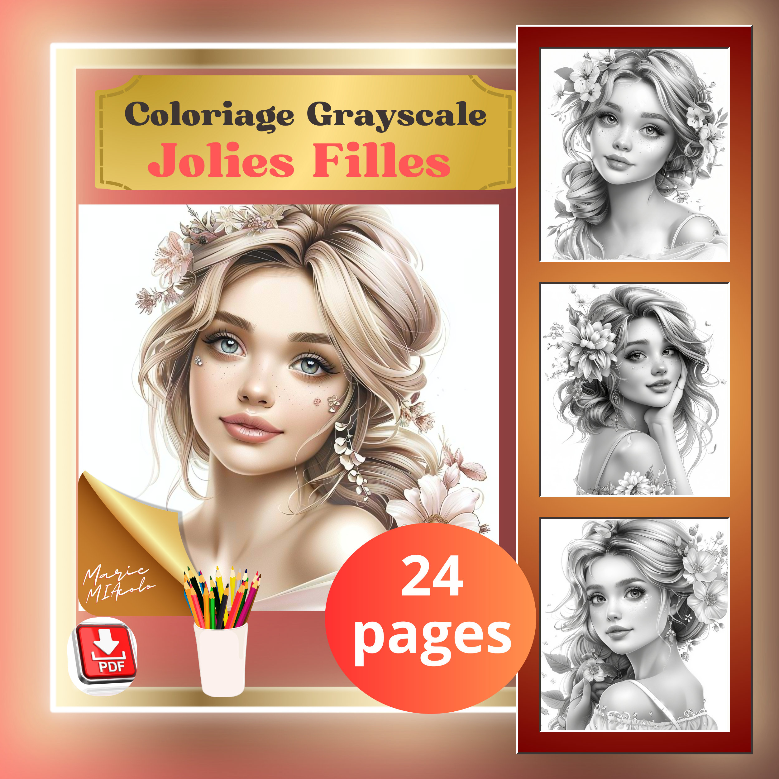 24 Grayscale Coloring Pages of Beautiful Girls with Flowers – Instant PDF Download