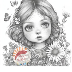 May include: A black and white pencil drawing of a young girl with short hair, wearing a sweater and surrounded by flowers. The girl has large eyes and a sweet expression. The drawing is signed "Marie Miacolo" in the lower right corner.