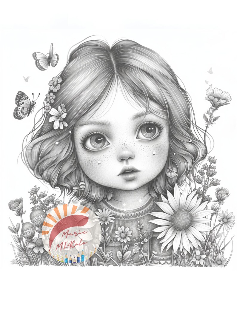 May include: A black and white pencil drawing of a young girl with short hair, wearing a sweater and surrounded by flowers. The girl has large eyes and a sweet expression. The drawing is signed "Marie Miacolo" in the lower right corner.