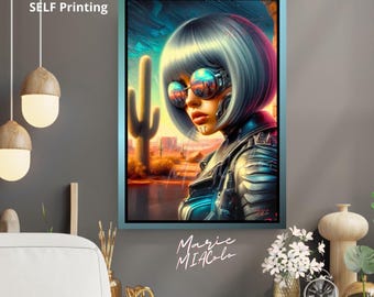 Cyberpunk Wall Art Printable, Futuristic Cowgirl Poster, Sci-Fi Western Desert Decor, Instant Download PDF in European & American Formats