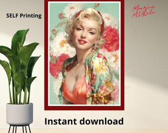 Printable wall poster, digital art, vintage glamorous floral digital painting, high-resolution PDF, built-in frame effect