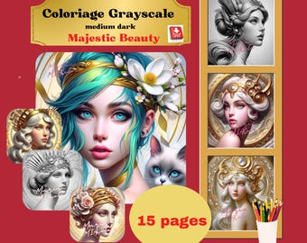 15 pages of adult coloring pages, grayscale, majestic beauty, beautiful portraits. Digital download. PDF. Color and medium dark. A4