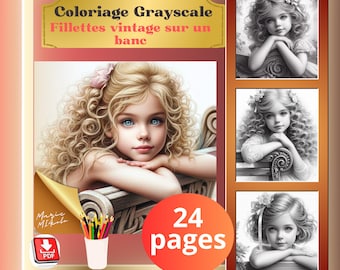 24 pages of grayscale coloring pages, in dark and light shades. Charming vintage-style girls on a bench, realistic. PDF download.