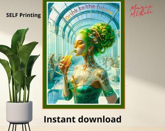 Stylish cyborg woman art deco poster for download, digital art, wall art PDF, HD, multiple sizes, instant download, 300DPI
