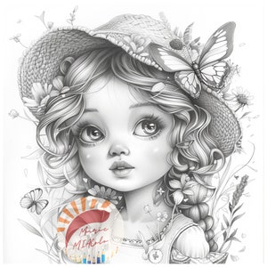 May include: A black and white illustration of a girl with long curly hair wearing a straw hat with flowers and a butterfly on it. The girl is surrounded by flowers and butterflies. The text "Magic Miacola" is visible in the lower right corner of the image.