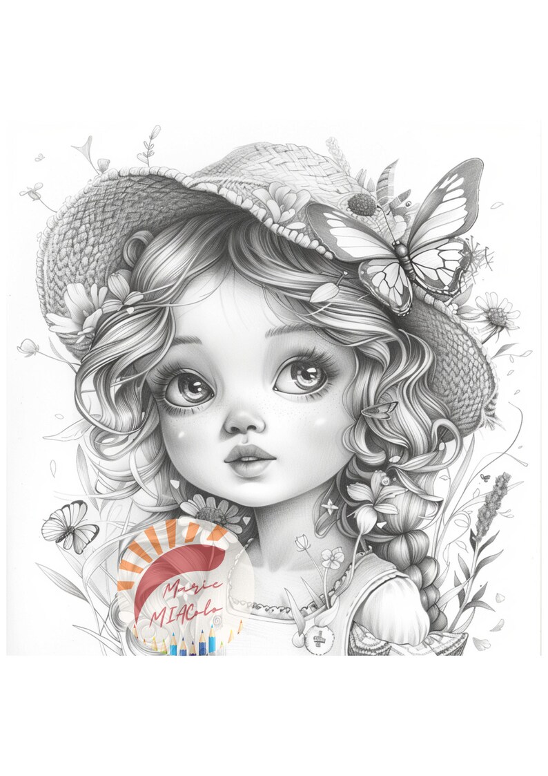 May include: A black and white illustration of a girl with long curly hair wearing a straw hat with flowers and a butterfly on it. The girl is surrounded by flowers and butterflies. The text "Magic Miacola" is visible in the lower right corner of the image.