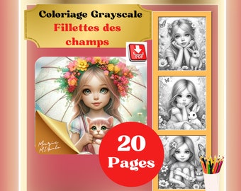 20 pages of adult coloring pages, greyscale, featuring pretty little girls in fields of flowers. Digital PDF download.