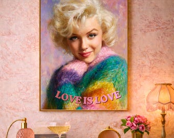 Love Is Love Wall Art, LGBTQ Vintage Portrait Print, Rainbow Sweater Woman, Retro Glam Decor, Colorful Art, PDF all sizes. Instant Download
