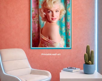 Retro glam portrait, pastel colors, Marylin Monroe, printable wall art, hollywood classic star, PDF High quality, all sizes, AI creation