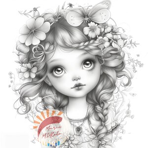 May include: A black and white pencil drawing of a girl with long, flowing hair adorned with flowers and butterflies. The girl has large, expressive eyes and a delicate facial features. The drawing is signed "Marie MiaColo" in the lower left corner.
