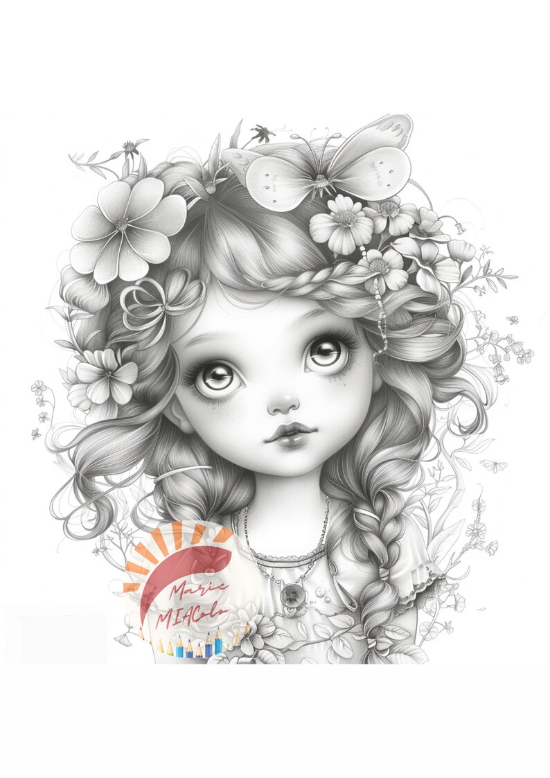 May include: A black and white pencil drawing of a girl with long, flowing hair adorned with flowers and butterflies. The girl has large, expressive eyes and a delicate facial features. The drawing is signed "Marie MiaColo" in the lower left corner.
