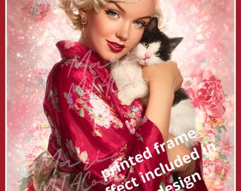 Printable wall poster, digital art, Marilyn Monroe with cat, High-resolution PDF | European & American formats, Built-in frame effect