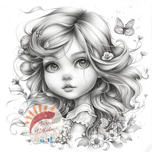 May include: A black and white pencil drawing of a girl with long, flowing hair. She has large eyes and a delicate face. She is surrounded by flowers and a butterfly.