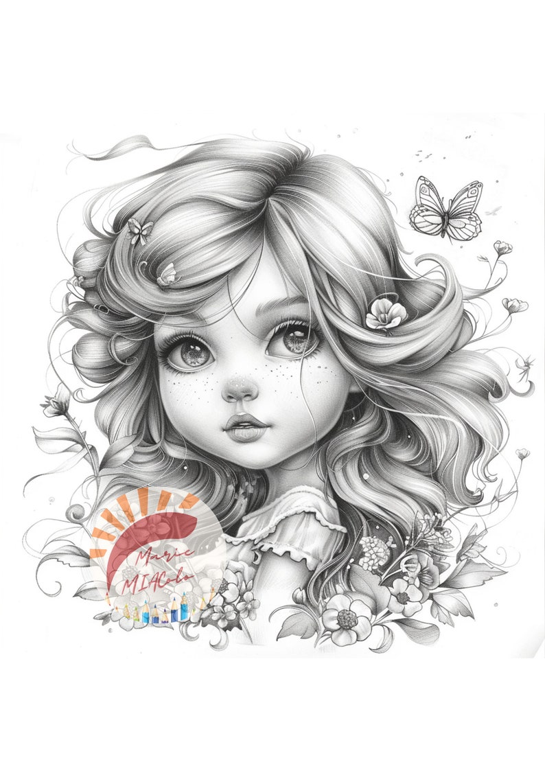 May include: A black and white pencil drawing of a girl with long, flowing hair. She has large eyes and a delicate face. She is surrounded by flowers and a butterfly.