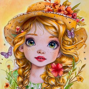 May include: A young girl with blonde hair and freckles wears a straw hat with flowers and butterflies. She has large green eyes and is wearing a green dress. The background is a soft yellow with green foliage and flowers.