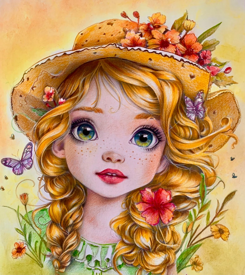 May include: A young girl with blonde hair and freckles wears a straw hat with flowers and butterflies. She has large green eyes and is wearing a green dress. The background is a soft yellow with green foliage and flowers.