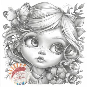 May include: A black and white pencil drawing of a girl with large eyes, surrounded by flowers and butterflies. The girl has a delicate, whimsical expression. The drawing is signed "Inka" in the upper right corner.