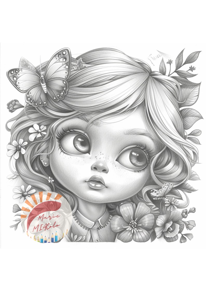 May include: A black and white pencil drawing of a girl with large eyes, surrounded by flowers and butterflies. The girl has a delicate, whimsical expression. The drawing is signed "Inka" in the upper right corner.