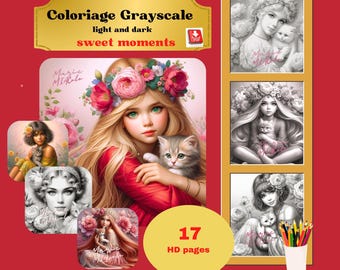 17 pages of adult coloring, grayscale dark and light. Digital download, sweet moments, PDF. A4 page. Instant download