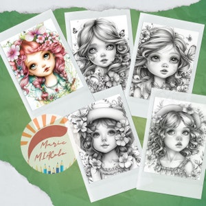 May include: Five black and white illustrations of girls with flowers in their hair. Each illustration is framed in a white border. The illustrations are all in the same style, with detailed drawings of the girls' faces and hair. The flowers are also drawn in detail, with delicate petals and stems.