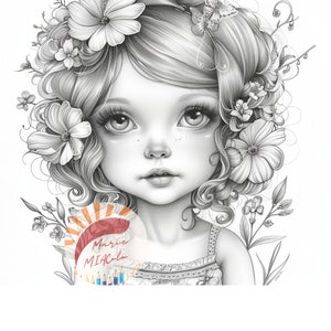 May include: A black and white pencil drawing of a girl with curly hair, wearing a floral headband and a simple dress. The girl has large eyes and a sweet expression. The drawing is surrounded by flowers and leaves.