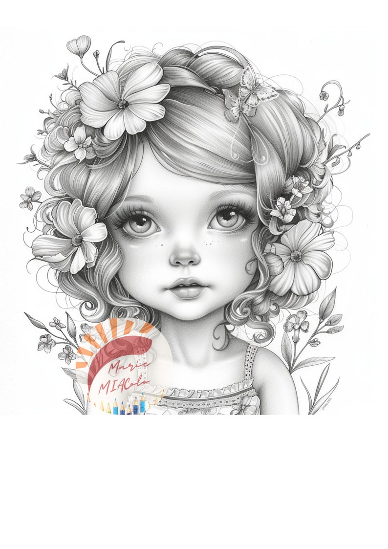 May include: A black and white pencil drawing of a girl with curly hair, wearing a floral headband and a simple dress. The girl has large eyes and a sweet expression. The drawing is surrounded by flowers and leaves.