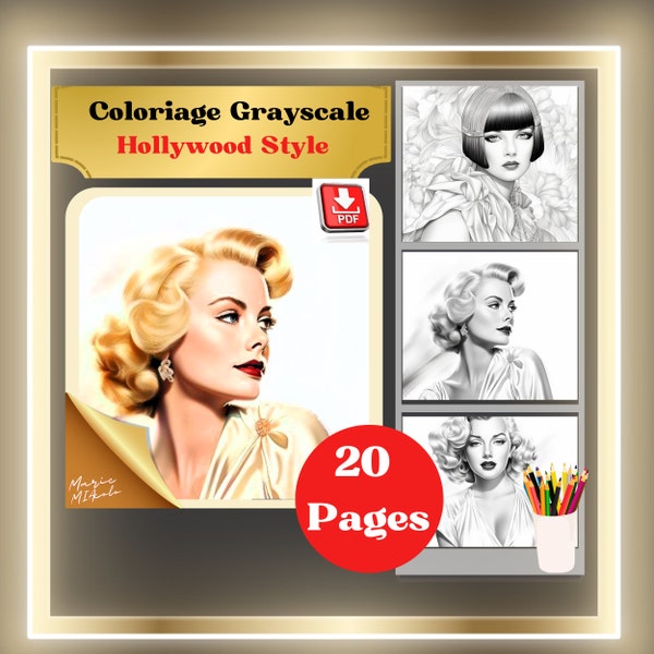 20 pages de coloriage adulte, light grayscale, Stars Hollywood Classiques. Téléchargement numérique. PDF format A4.