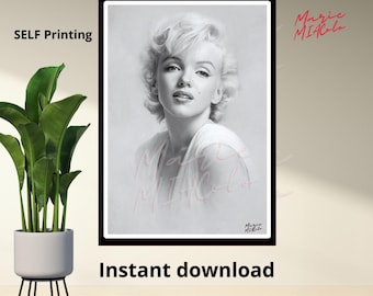 Vintage Old Hollywood Glamor Portrait, Charcoal Style Actress Wall Art, PDF, all sizes, digital art, printable wall art. Marilyn Monroe