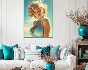 Vintage Beach Retro Pin Up Portrait, Coastal Glam Wall Art, Blonde Summer Girl Poster, Old Hollywood Style, instant download PDF
