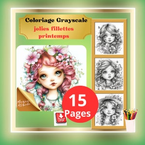 Peut inclure: Un téléchargement numérique de 15 pages à colorier en niveaux de gris représentant de jolies filles avec des fleurs dans les cheveux. Le titre du livre de coloriage est "Coloriage Grayscale jolies fillettes printemps".