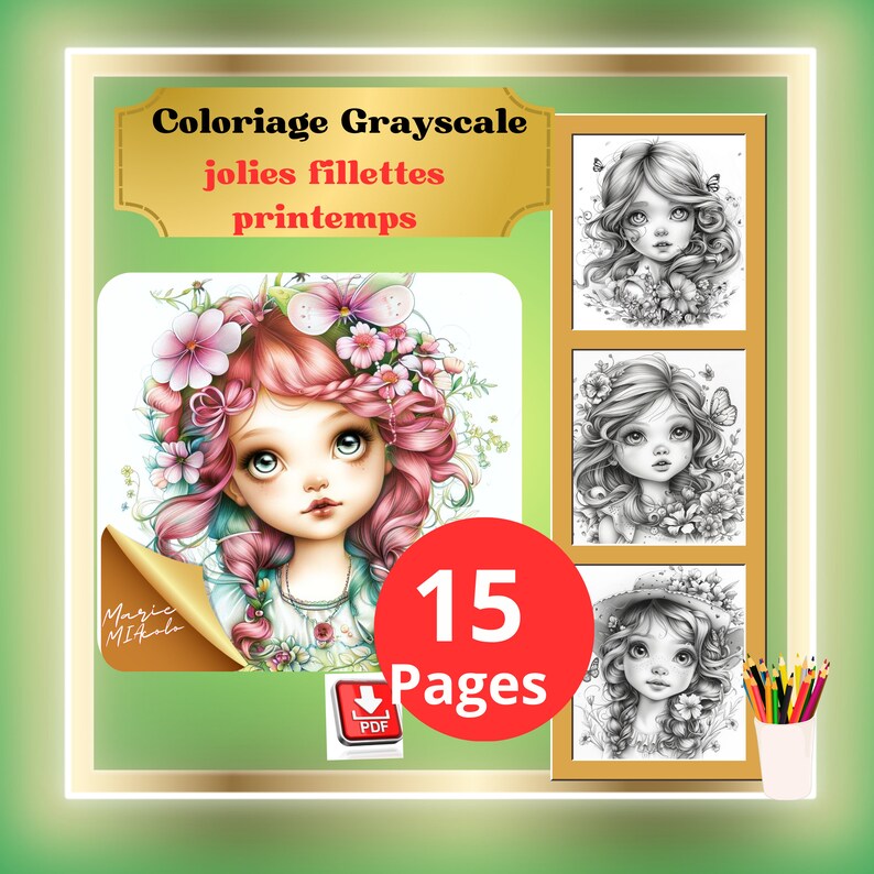 images jolies petites filles du printemps, pages de coloriage, cute little girls, fleurs dans les cheveux, grands yeux qui brillent, papillons  qui volent.Une porte un chapeau de paille avec des fleurs. Elle a des tresses.