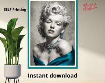 Printable wall poster, digital art, vintage glam, Marilyn Monroe, PDF, all sizes, built-in frame effect