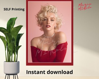 Printable wall poster, vintage glamour, classic movie star, PDF all sizes, wall art.