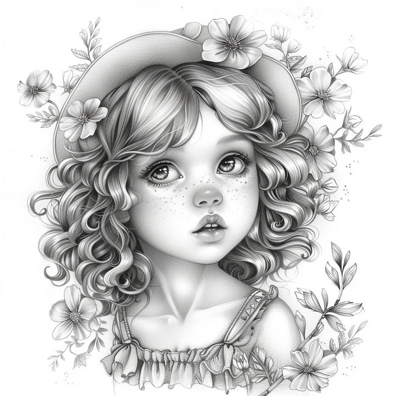 15 coloring pages for adults and teens, grayscale, featuring pretty spring girls. Instant download. PDF format A4 image 6