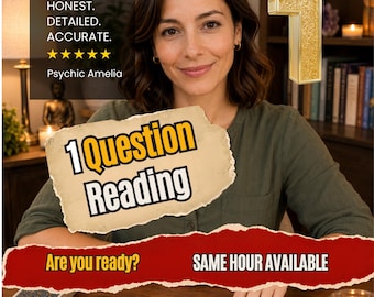 May include: A psychic reading service advertisement featuring the text '1 Question Reading', 'Honest. Detailed. Accurate.', 'Are you ready?', and 'Same hour available'. The image displays a person behind a wooden table with tarot cards laid out.