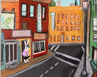 Noir city with bunny, "The Long Hello" 2023 Original painting, acrylic on panel