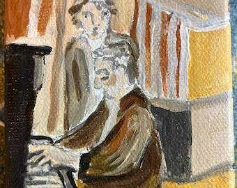 Mini Painting! 3”x3” also- it’s a fridge magnet: original painting!!Man and Woman at a piano - tiny painting, original artwork