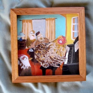 May include: A framed painting of four chickens in a room with a piano. The chickens are brown, white, and black. The piano is black and has a white keyboard. The room is painted in shades of blue, green, and yellow.