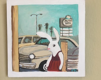 Alpha Beta Parking Lot, young bunny, Small Original Painting, on wood board