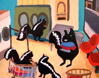 Skunks Laundry Day -framed small  print of an orignial painting