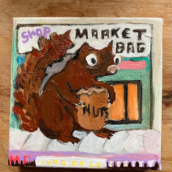 Écureuil de jour de marché, de ma mini peinture originale de série d'écureuils d'été