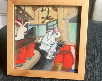 Coffee shop, bunny waitress, framed small  print of an orignial painting