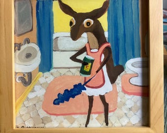 Deer, domestic goddess cleaning bathroom