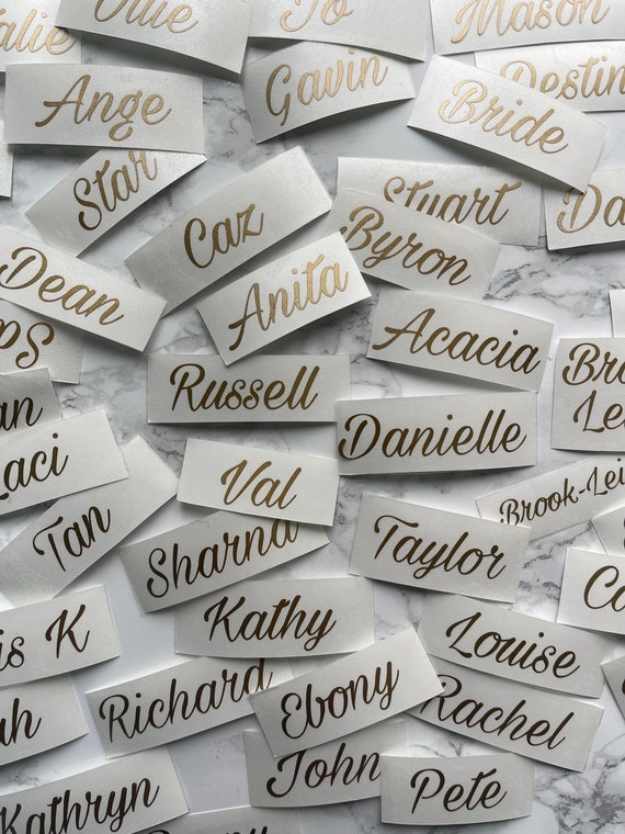 PERSONALISED VINYL STICKERS - 1-3INCHS -  Name Tags Multipack Guest List Place Cards Hen Bride Birthday Decal Wedding Favours Permanent