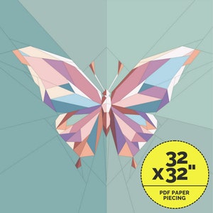 Puede incluir: Un diseño de mariposa geométrico en tonos de rosa, morado, azul y naranja sobre un fondo azul verdoso. El diseño mide 32 pulgadas por 32 pulgadas y es para patchwork de papel.