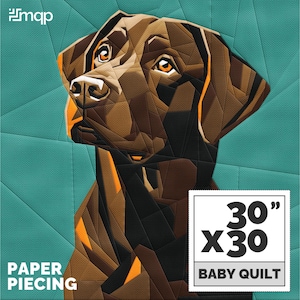 Puede incluir: Un patrón de colcha de retazos geométrico de la cabeza de un perro en marrón y negro. La colcha mide 30 pulgadas por 30 pulgadas y está etiquetada como "Baby Quilt". La colcha está hecha utilizando la técnica de patchwork de papel.